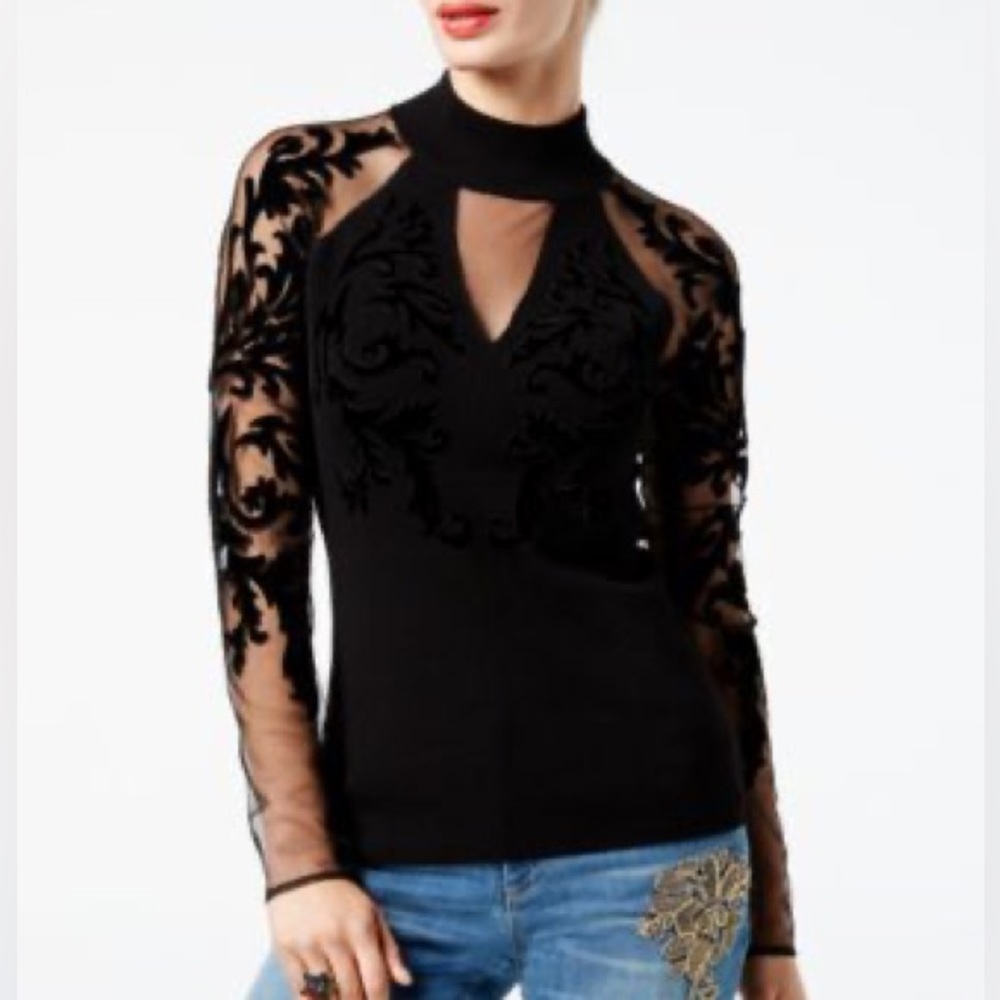 INC black, elegant sweater with sheer sleeves Flocked-Velvet Illusion Sweater